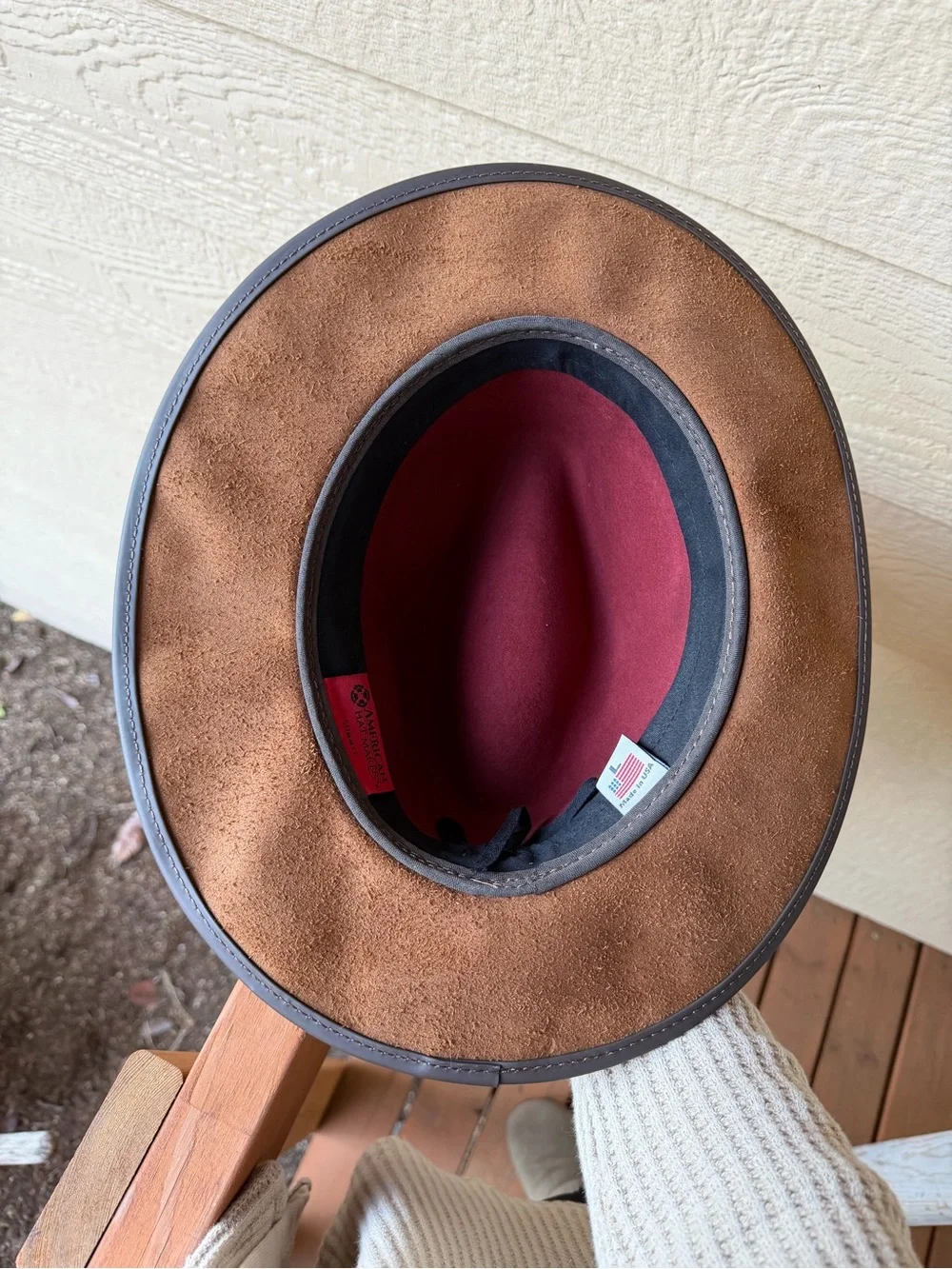 Burgundy Felt Fedora with Brown Leather Brim